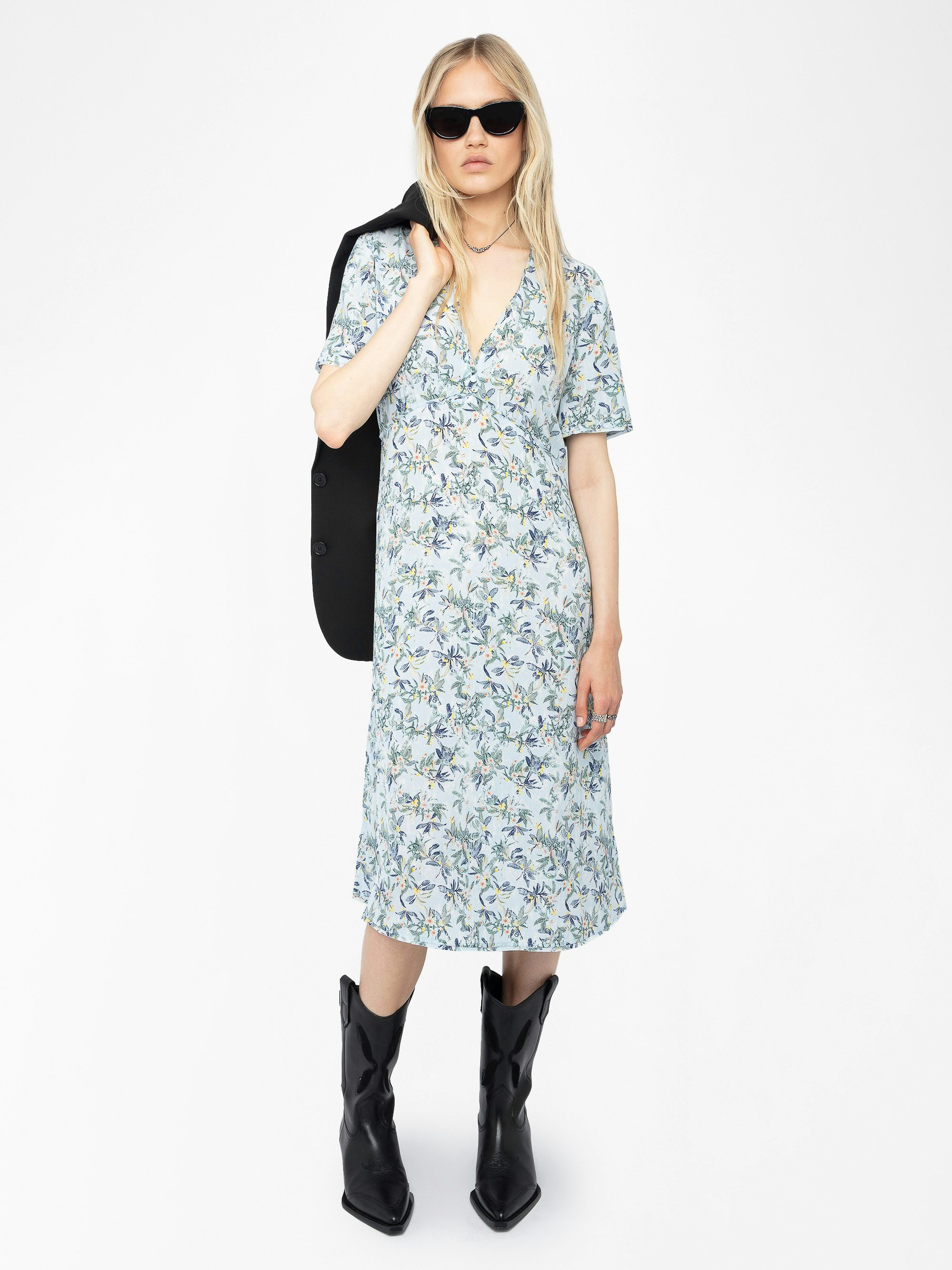 Rhodral Dress - Mid-length printed viscose dress with short sleeves and buttoned neckline.